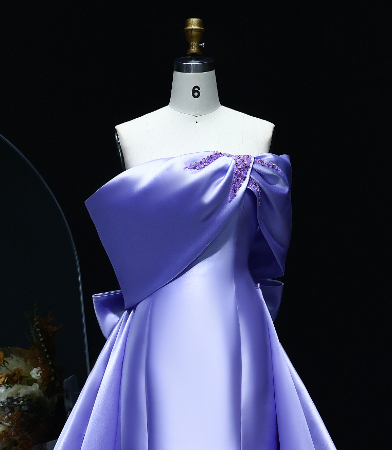 Elegant A Line Off the Shoulder Lilac Beaded Satin Prom Dress Evening Dress with Bow SH2398