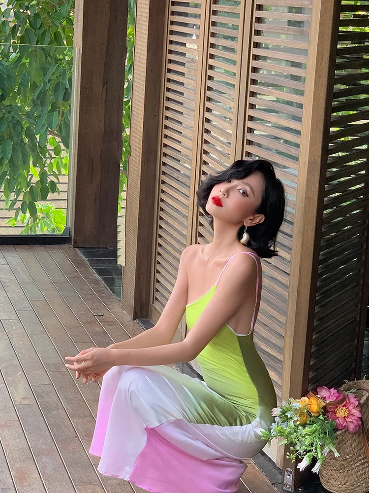 Pink Green Ombre Sheath One Shoulder Satin Long Prom Dress Evening Dress SH4339