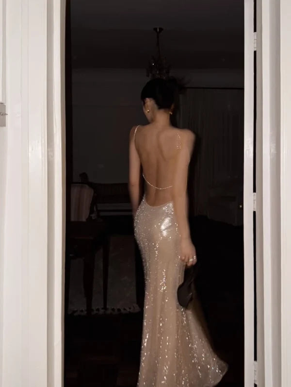 Champagne Sheath Spaghetti Strap Exquisite Sequin Backless Prom Dress Evening Dress SH8776