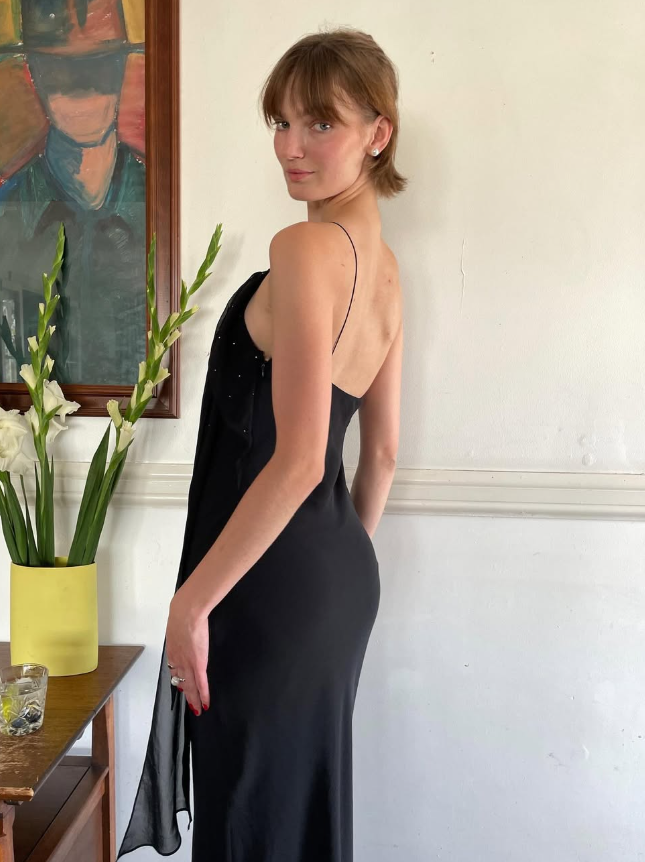Sexy Sheath Spaghetti Strap Beaded Black Chiffon Long Prom Dress Prom Dress SH2650