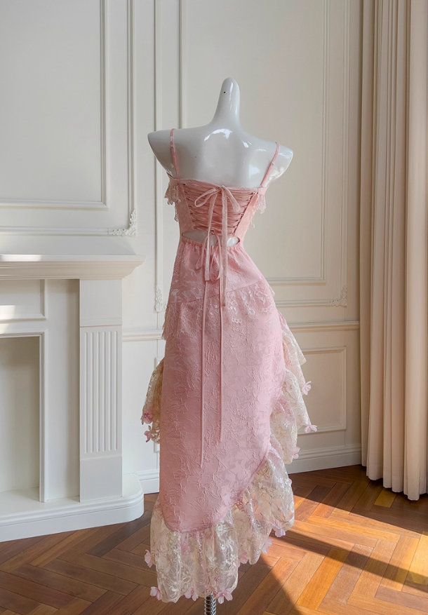 Pink A Line Spaghetti Strap Beaded Lace Homecoming Dress Birthday Dress SH4509