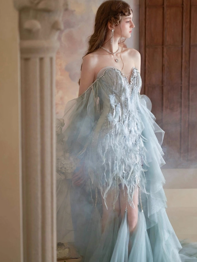Dreamy Blue Mermaid Sweetheart Neck Feather Tulle Prom Dress Party Dress SH4079