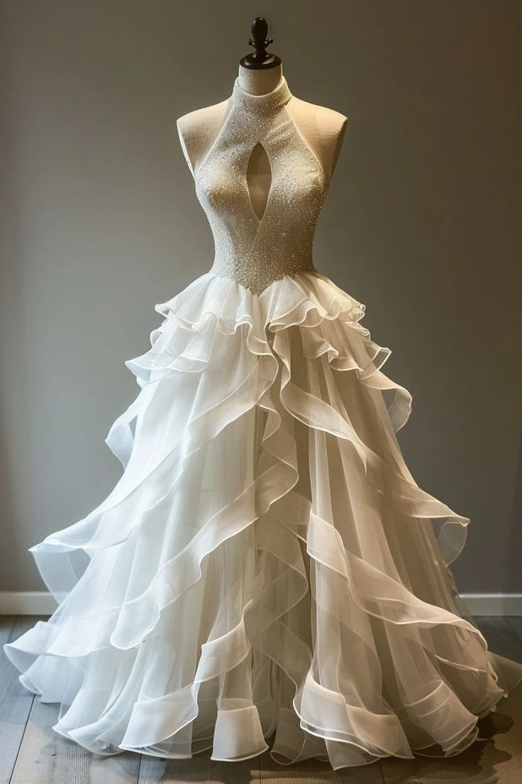 Elegant A Line Halter Ivory Ruffle Tulle Long Prom Dress Evening Dress SH2181