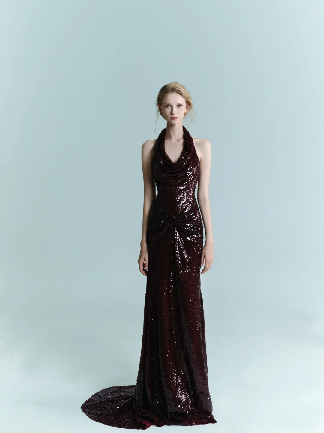 Imperial Burgundy Mermaid Halter Sequin Long Sweep Prom Dress Evening Dress SH4223