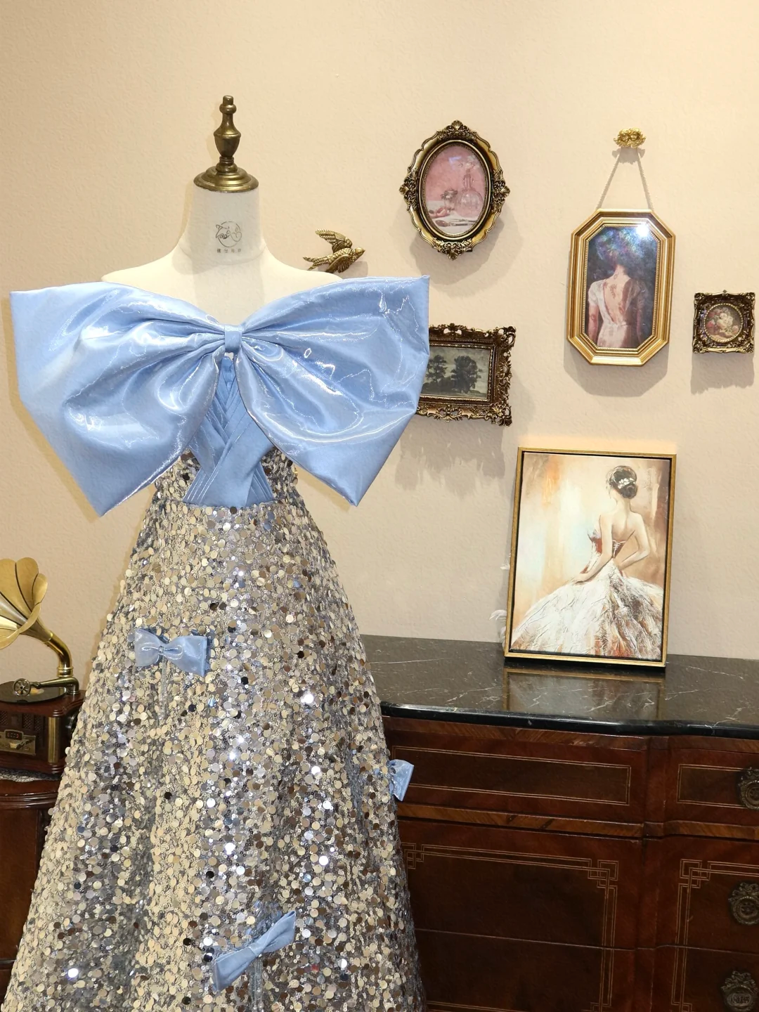 Stunning Blue Bow A Line Strapless Silver Sequin Long Prom Dress Evening Dress SH3672