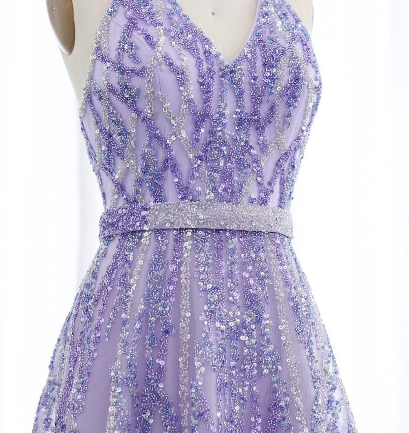 Lilac A Line V Neck Sequin Beaded Tulle Long Prom Dress Evening Dress SH2374