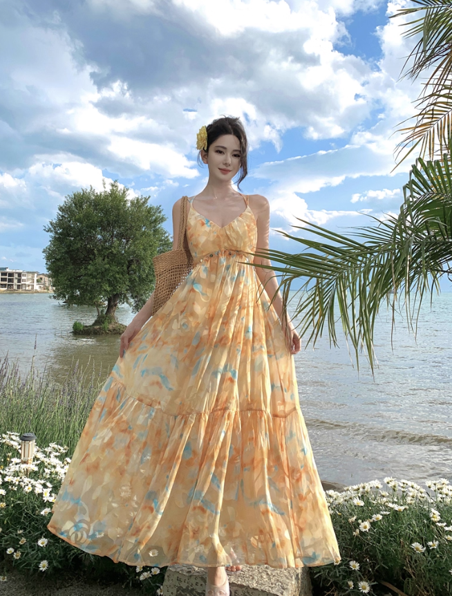 Flowy A Line Spaghetti Strap Floral Yellow Chiffon Prom Dress Vacation Dress SH4138