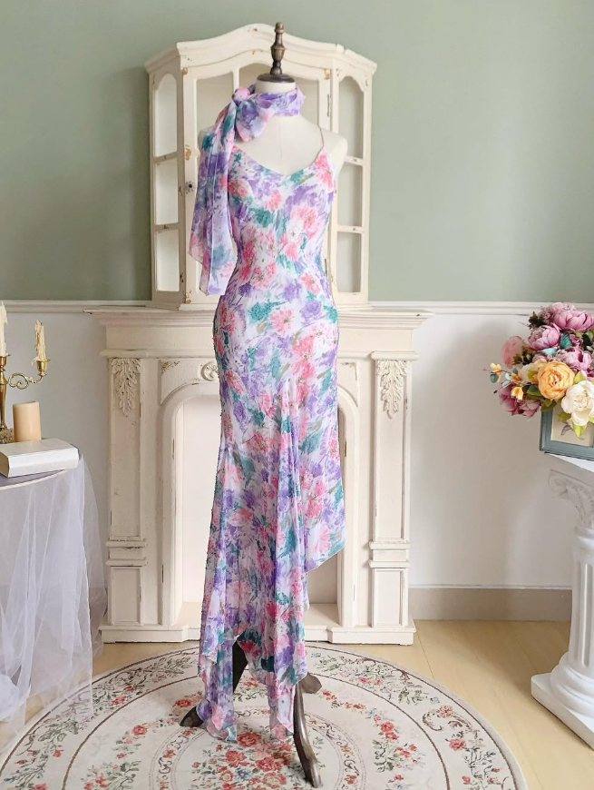 Purple Vintage Mermaid Spaghetti Strap Beaded Print Floral Chiffon Party Dress Prom Dress SH4115