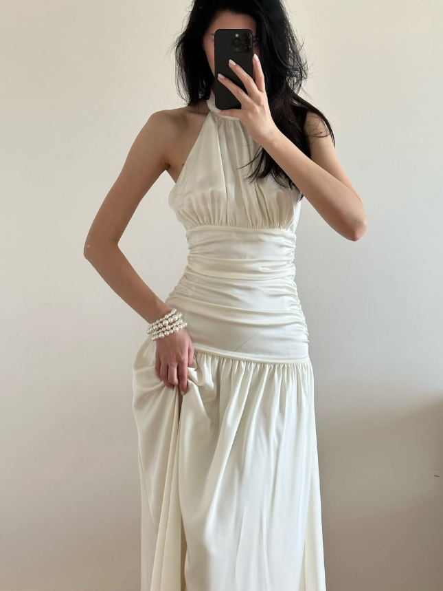 Simple Ivory A Line Halter Pleated Satin Slit Open Back Evening Dress Party Dress SH3957