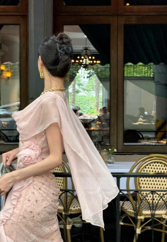 Flowy Pink Sheath Beaded Ruffle Chiffon Homecoming Dress Date Dress with Slit SH3693