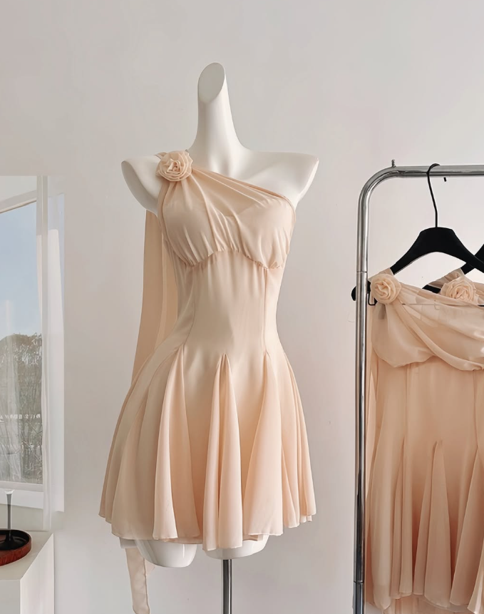 Apricot A Line One Shoulder Flower Chiffon Short Homecoming Dress Cocktail Dress SH3051