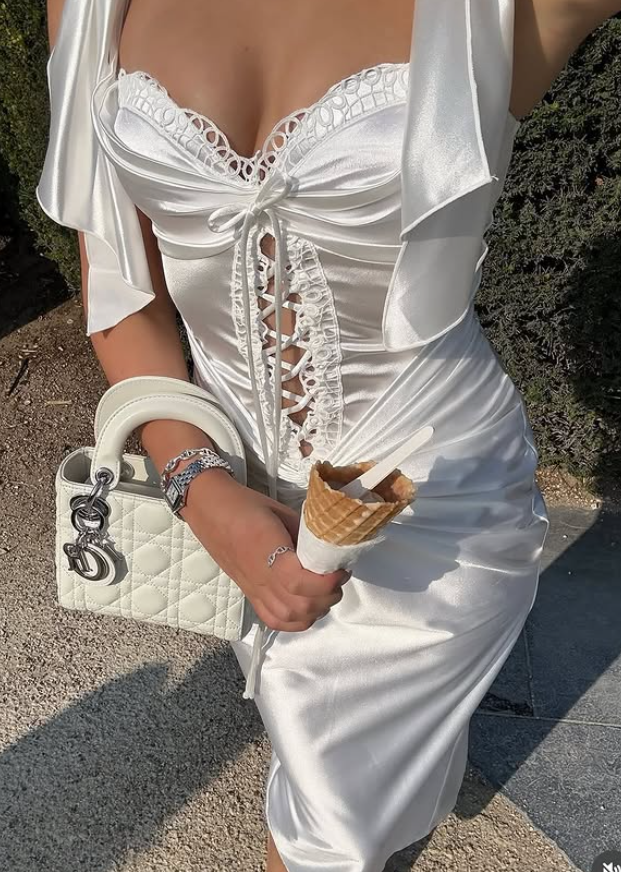 Charming Sheath Straps White Lace Satin Long Prom Dress Party Dress SH5320