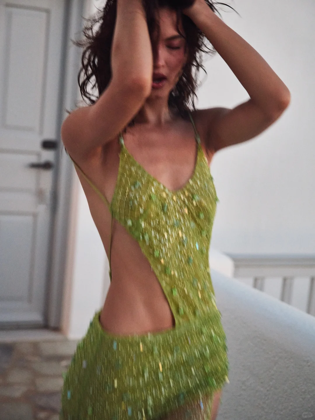 Sexy Green Sheath Spaghetti Strap Beaded Tulle Prom Dress Evening Dress with Slit SH4233