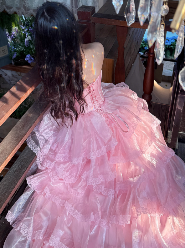 Pink Ball Gown Strapless Corset Layered Organza Prom Dress 16th Birthday Dress SH4088