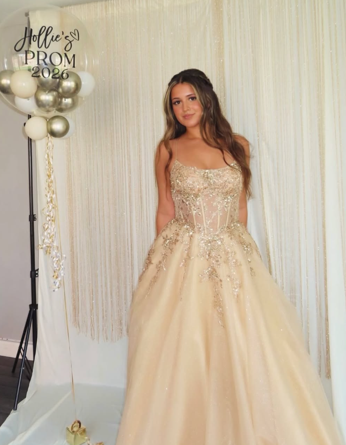 Appricot A Line Spaghetti Strap Corset Appliques Sequin Tulle Prom Dress Birthday Dress SH9028