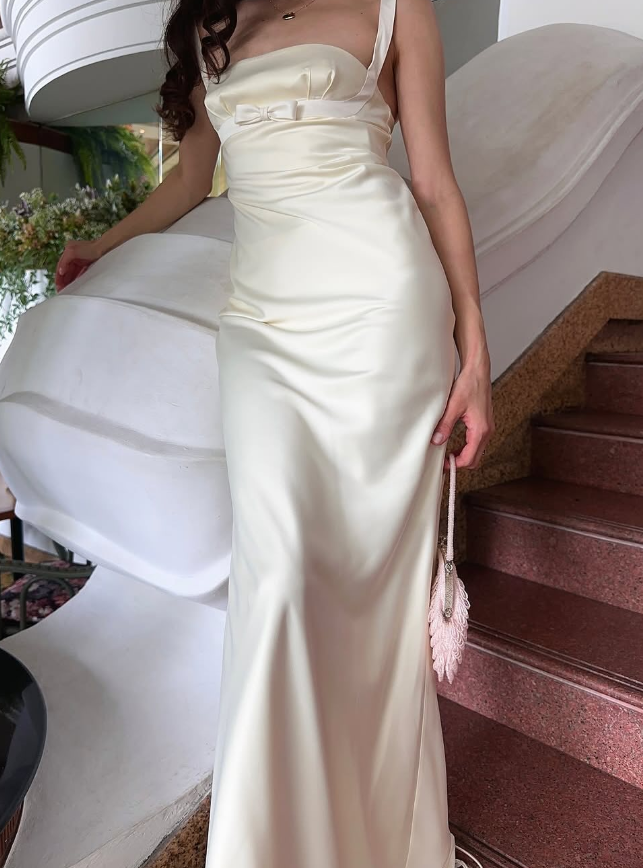 Simple Ivory A Line Straps Satin Long Wedding Guest Dress Party Dress SH3305