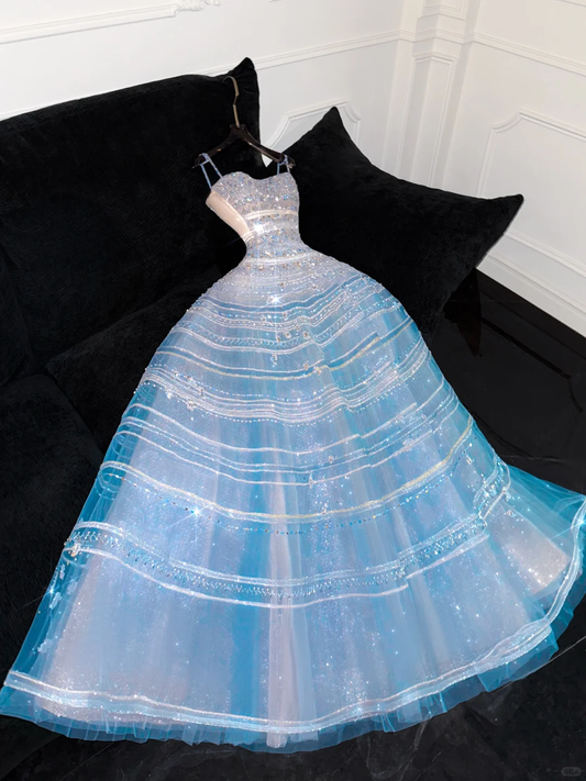 Silver Sequin Ball Gown Strapless Blue Tulle Prom Dress Party Dress SH3414