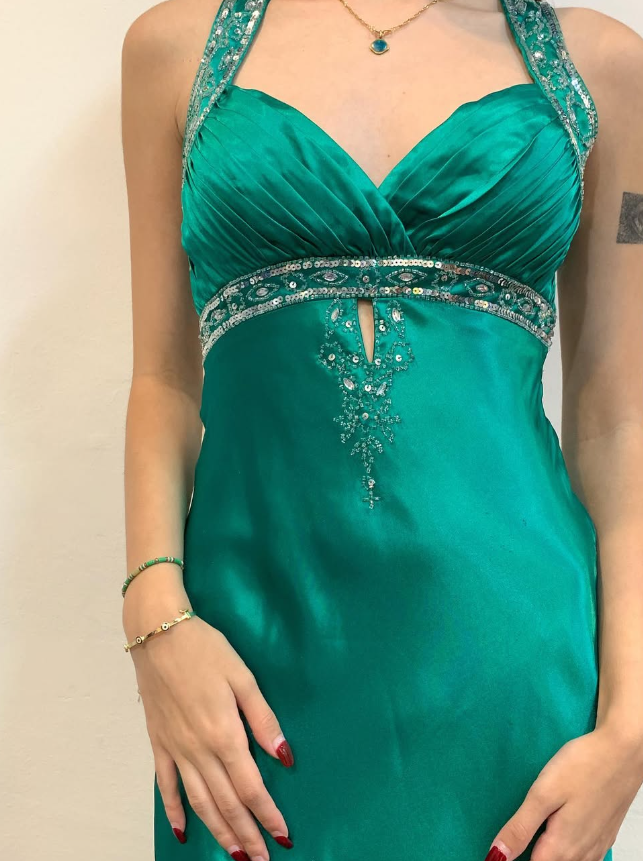 Vintage Sheath V Neck Sequin Beaded Green Satin Open Back Prom Dress Evening Dress SH2128