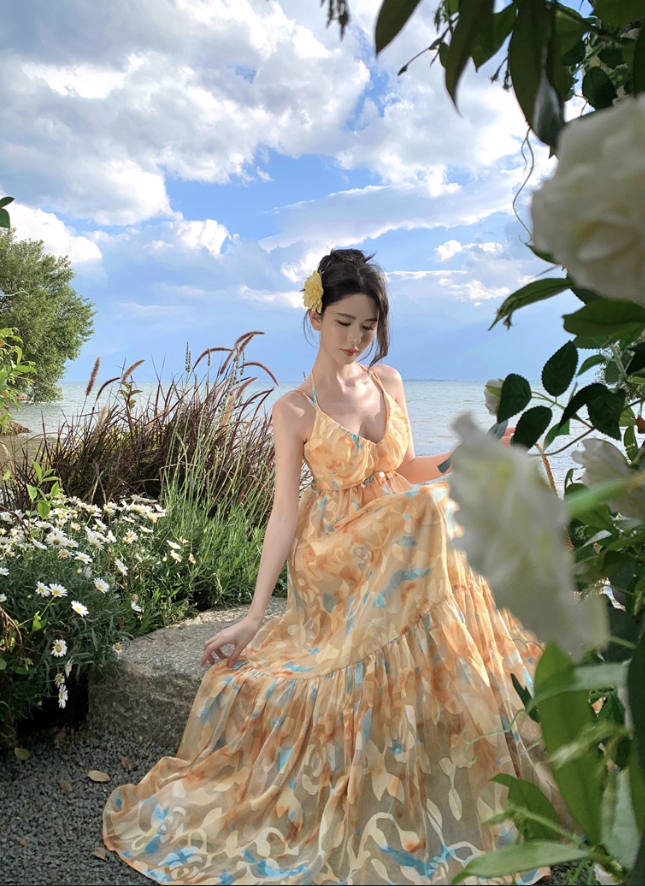 Flowy A Line Spaghetti Strap Floral Yellow Chiffon Prom Dress Vacation Dress SH4138