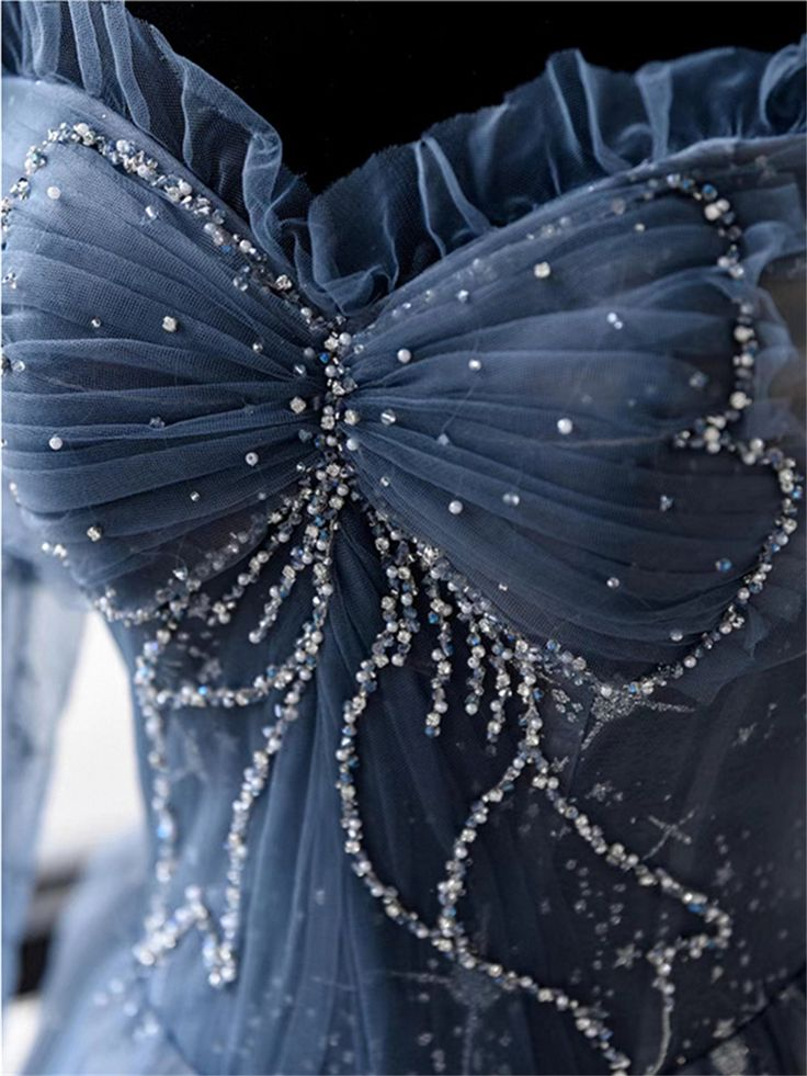 Elegant Blue Tulle Beaded Fairy Ball Gown Long Prom Dress Quinceanera Dress SH1028