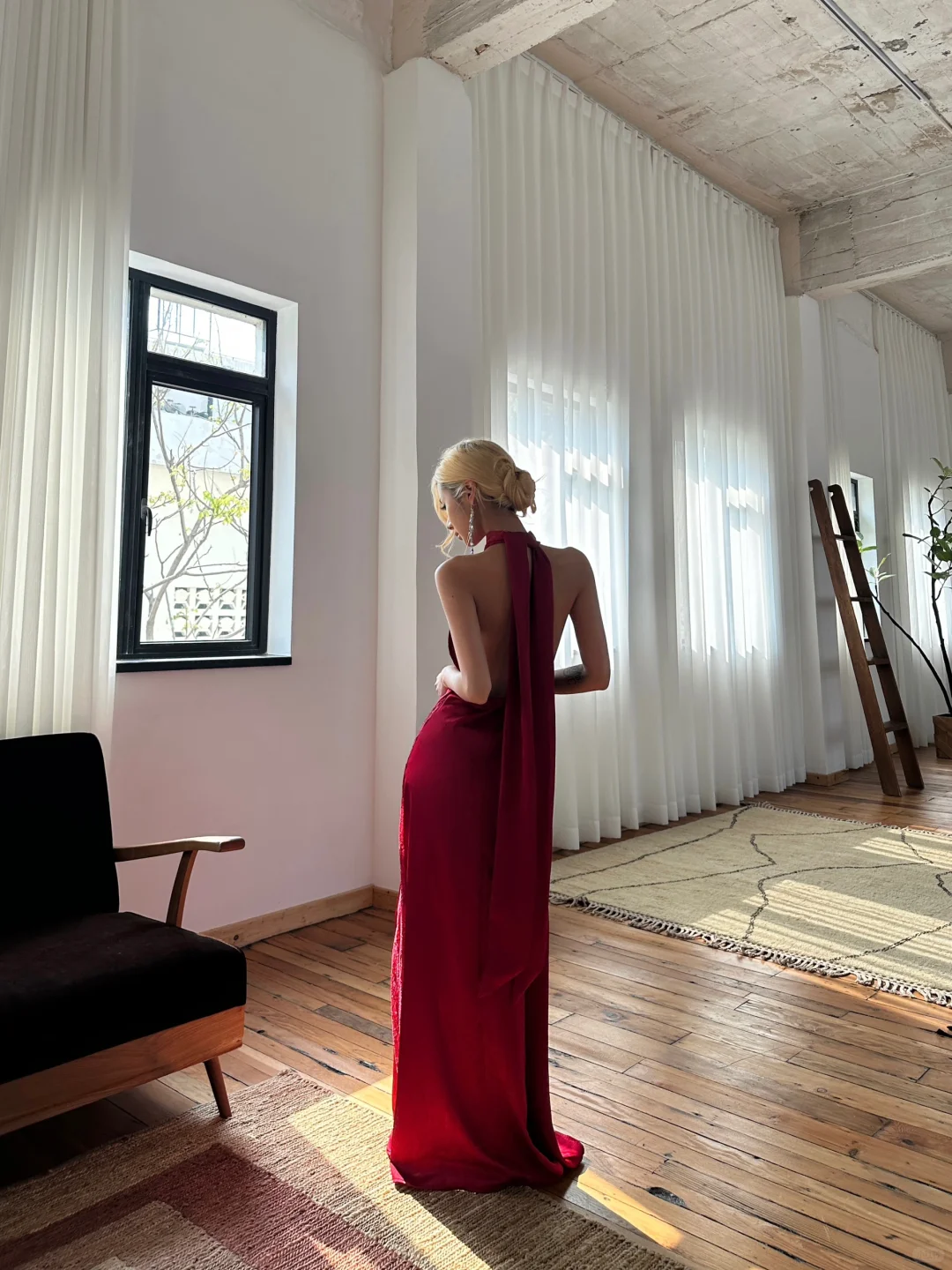 Sexy Burgundy A Line Halter Lace Satin Open Back Prom Dress Wedding Guest Dress SH4465