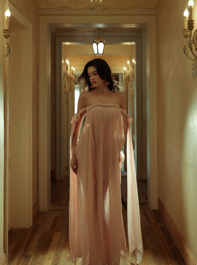 Gentle A Line Spaghetti Strap Pleated Light Pink Chiffon Prom Dress Formal Dress SH4170