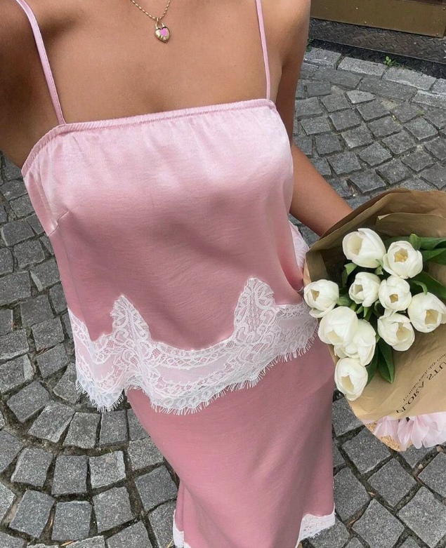 Gentle Pink Sheath Spaghetti Strap Lace Satin Long Prom Dress Evening Dress SH8506