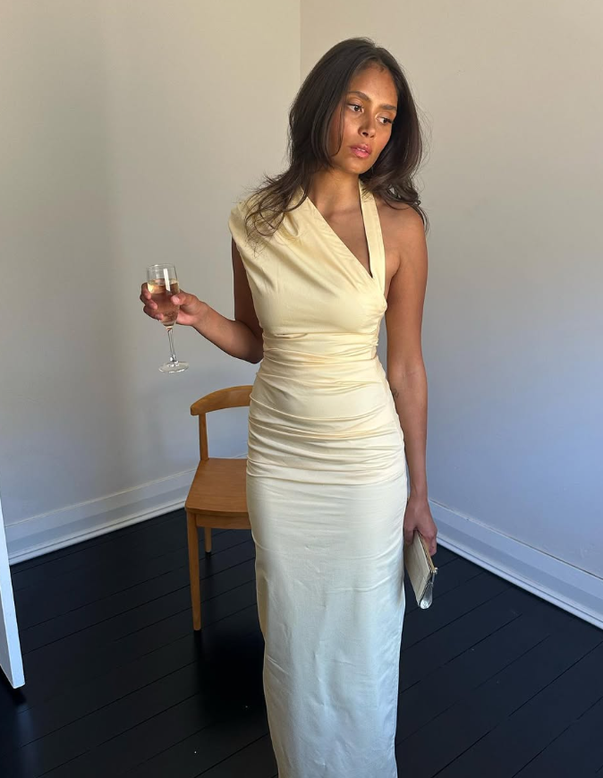 Charming Sheath Halter Light Yellow Satin Long Prom Dress Evening Dress SH2076