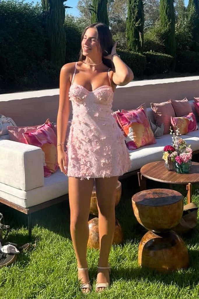 Gorgeous A Line Spaghetti Straps Pink Short Homecoming Dress with Appliques Beading SH7899