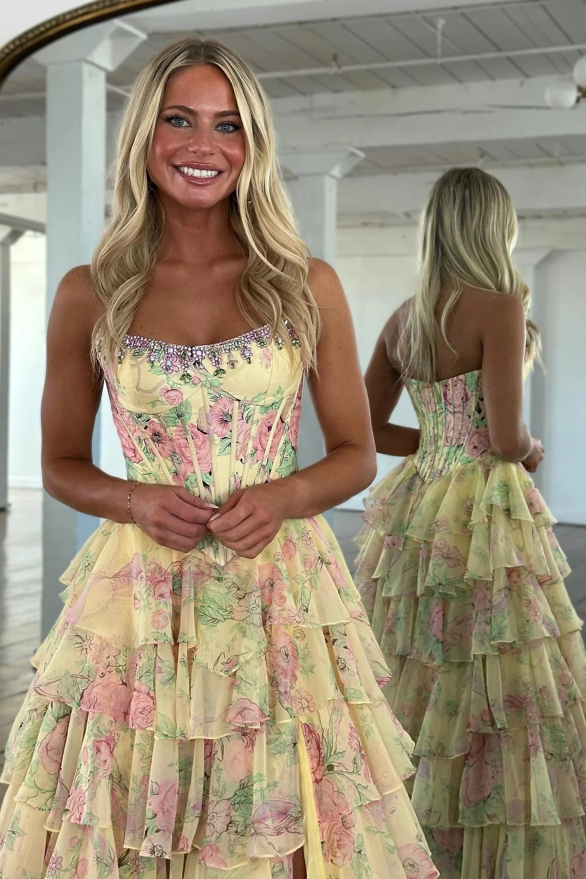 Gorgeous A Line Strapless Yellow Printed Corset Prom Dress with Beading Ruffles SH8294
