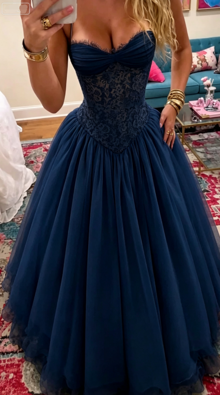 Princess Yellow A Line Sweetheart Neck Lace Chiffon Long Prom Dress Outfits SH6736