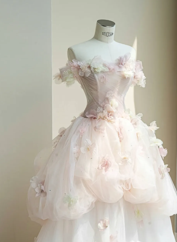 Floral A Line Off the Shoulder Pink Tulle Party Dress Evening Dress SH3374