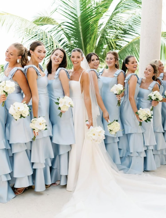 Baby Blue Mermaid Straps Tiered Satin Prom Dress Bridesmaid Dress SH2606