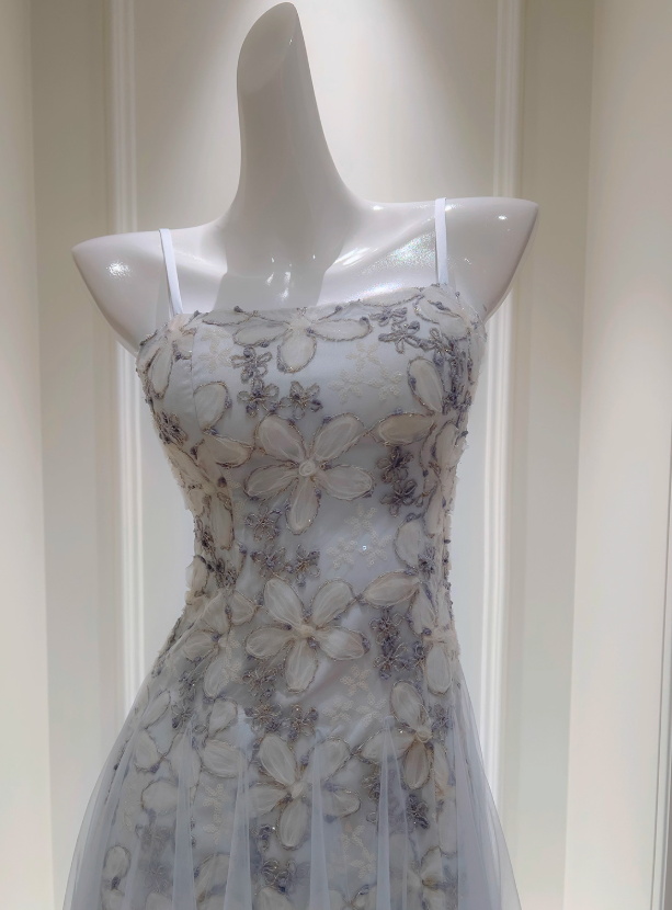 Stunning A Line Spaghetti Strap Floral Blue Tulle Prom Dress Wedding Guest Dress SH4505