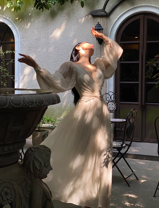 Elegant A Line Long Sleeve White Chiffon Long Prom Dress Party Dress SH4035