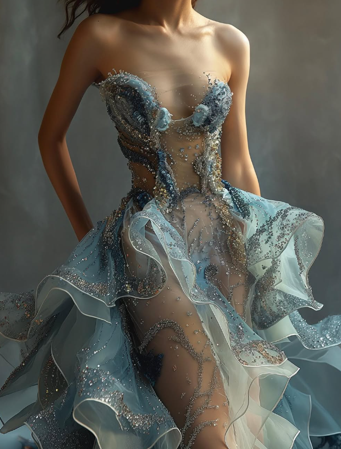 Stunning A Line Strapless Beaded Blue Ruffle Tulle Prom Dress Evening Dress SH2253