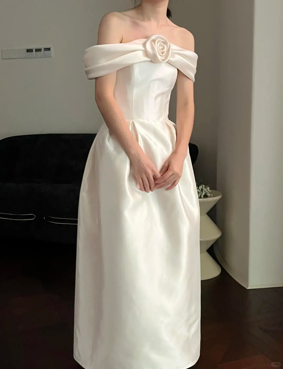 Cute A Line Off the Shoulder White Rose Satin Wedding Dress SH5078