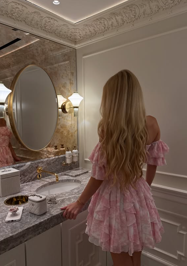 Sweety Pink A Line Off the Shoulder Print Chiffon Short Homecoming Dress Outfits SH6495
