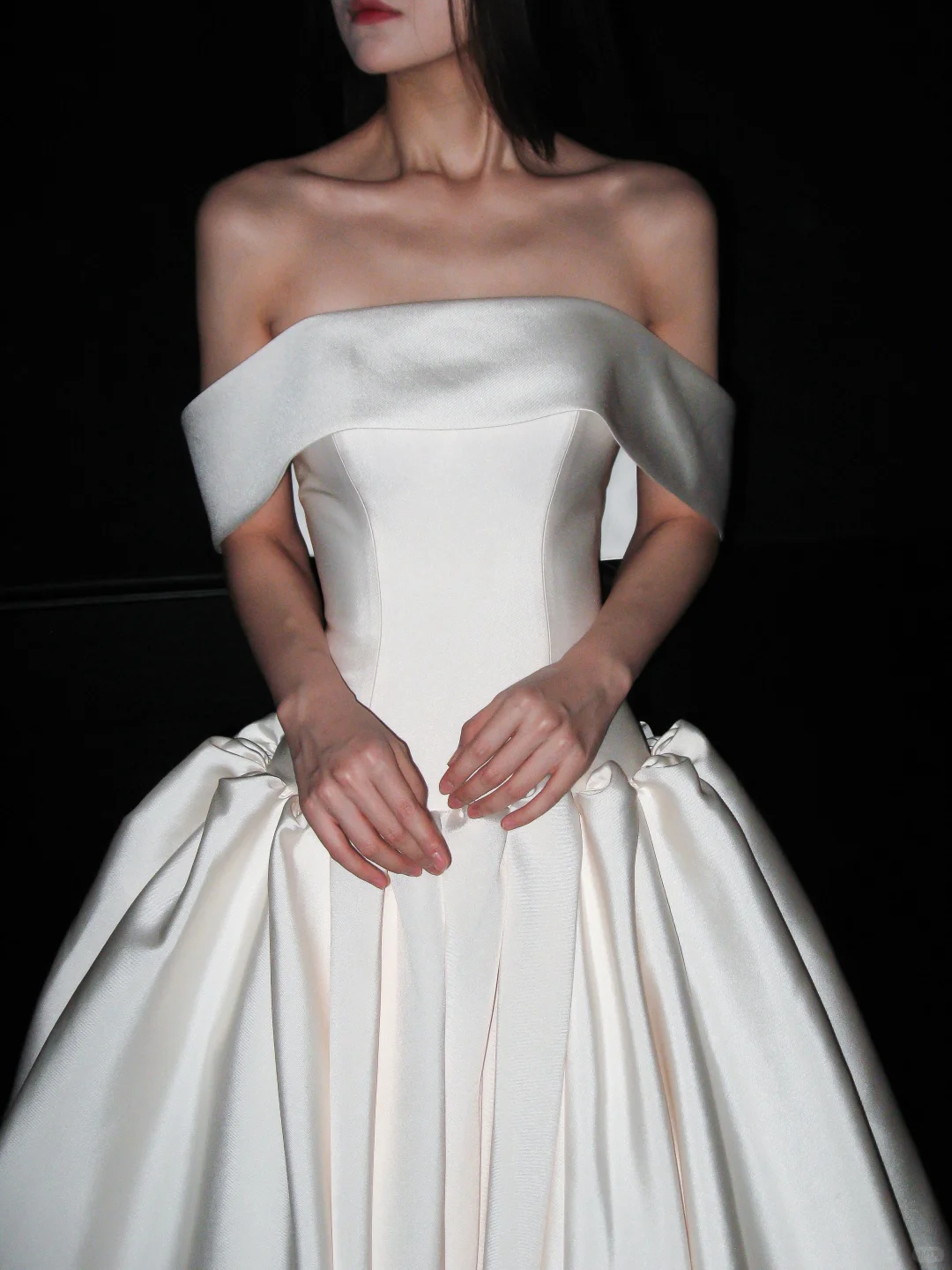 Elegant White Ball Gown Off the Shoulder Satin Long Train Wedding Dress SH8896