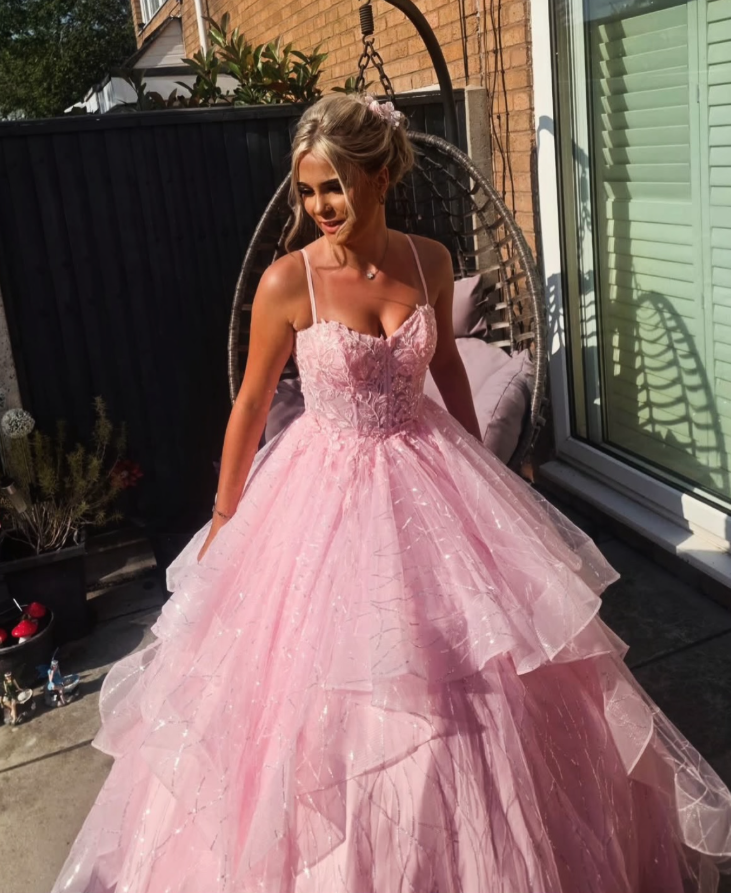 Sweety Pink A Line Spaghetti Strap Lace Ruffle Tulle Prom Dress Birthday Dress SH9012