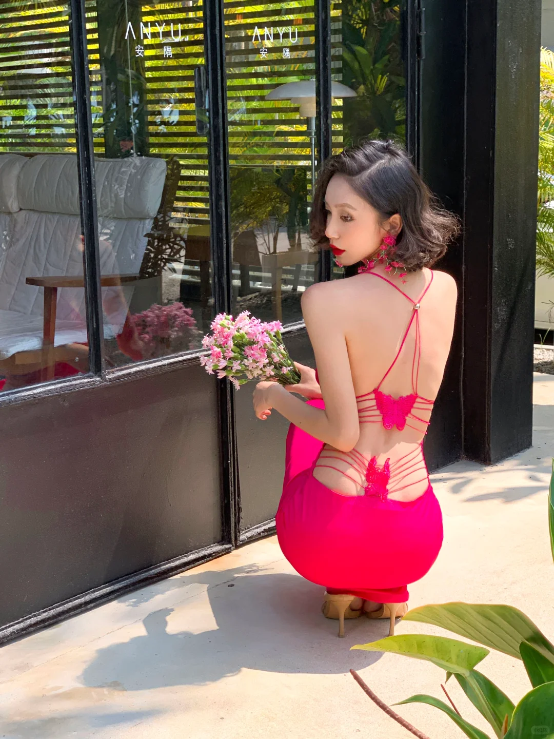 Hot Pink Butterfly Sheath Spaghetti Strap Satin Open Back Long Prom Dress Vacation Dress SH4315