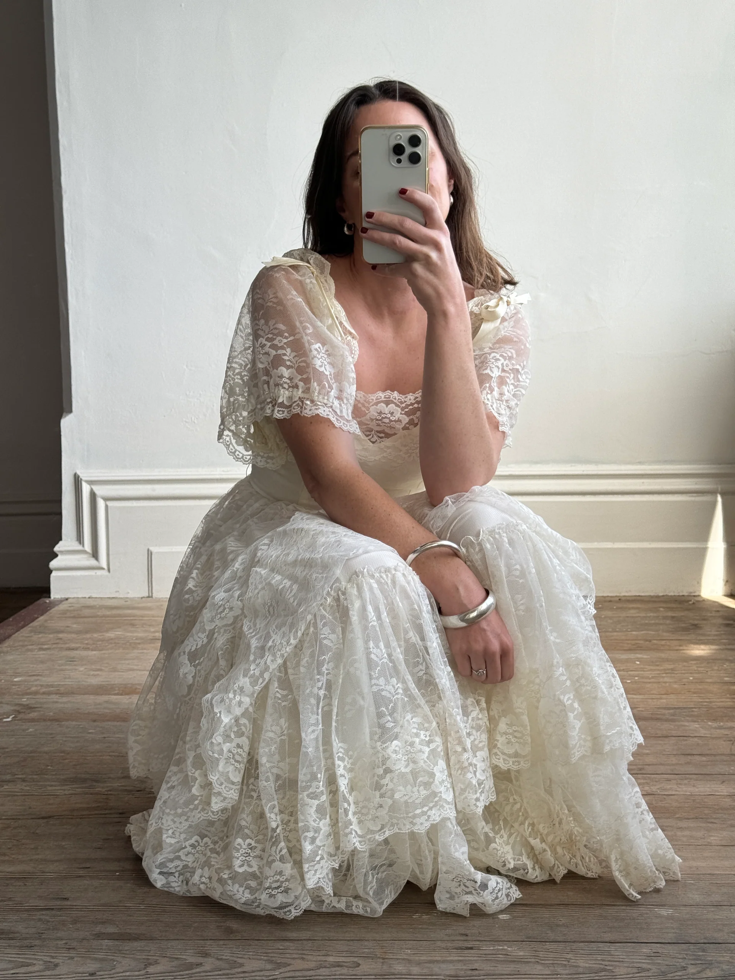 Vintage A Line Puff Layered Beige Lace Long Wedding Dress SH4426