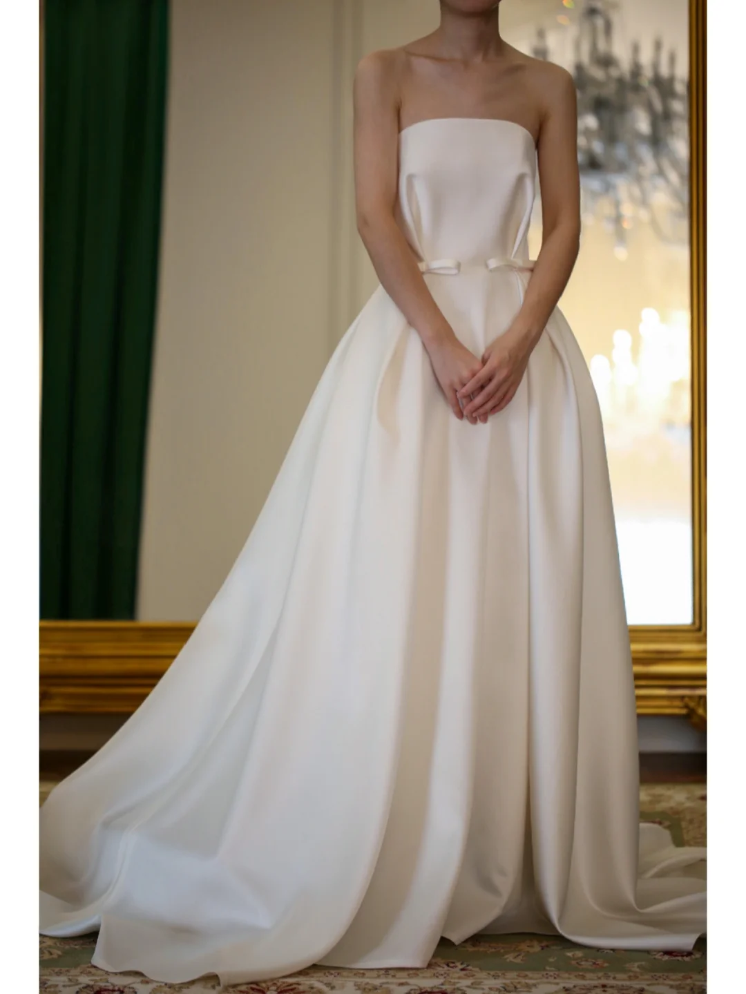 Simple A Line Strapless Bow White Satin Wedding Dress SH5235