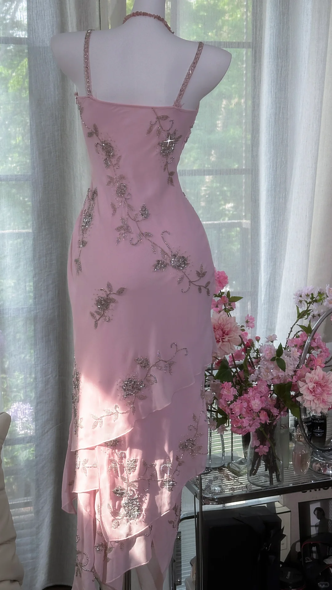 Vintage Pink Sheath Spaghetti Strap Beaded Layered Chiffon Prom Dress 22th Birthday Dress SH4413