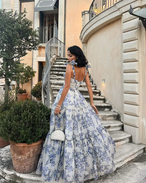 Elegant Floral Print Chiffon Long Prom Dresses Evening Dresses SH675