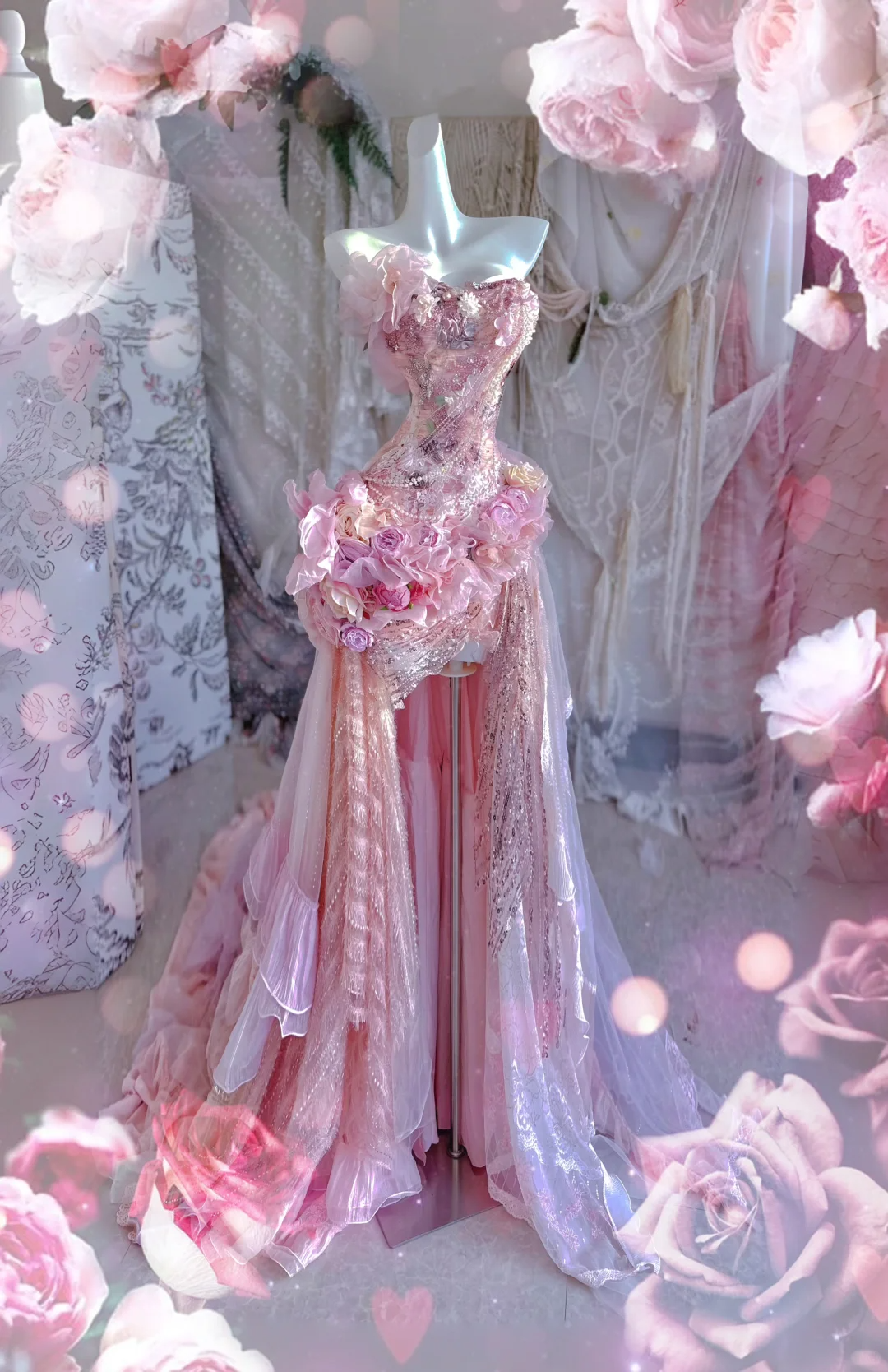 Pink Exquisite Mermaid Sweetheart Neck Floral Beaded Tulle Prom Dress 16th Birthday Dress SH4264