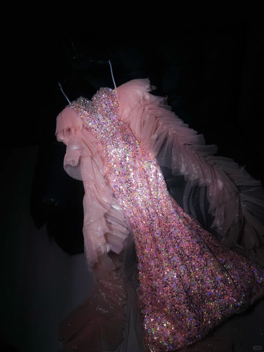 Shiny Pink Mermaid Sweetheart Neck Tulle Sequin Long Prom Dress Evening Dress SH3348