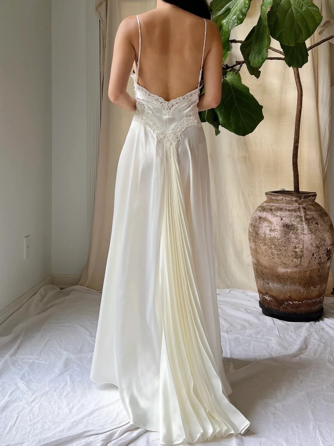White A Line Spaghetti Straps Lace Satin Chiffon Open Back Prom Dress Evening Dress SH4244