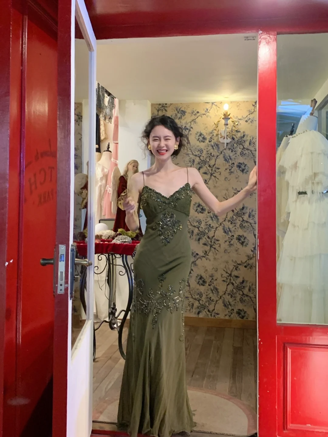 Vintage Olive Green Mermaid Spaghetti Strap Exquisite Beaded Chiffon Prom Dress 22th Birthday Dress SH4407