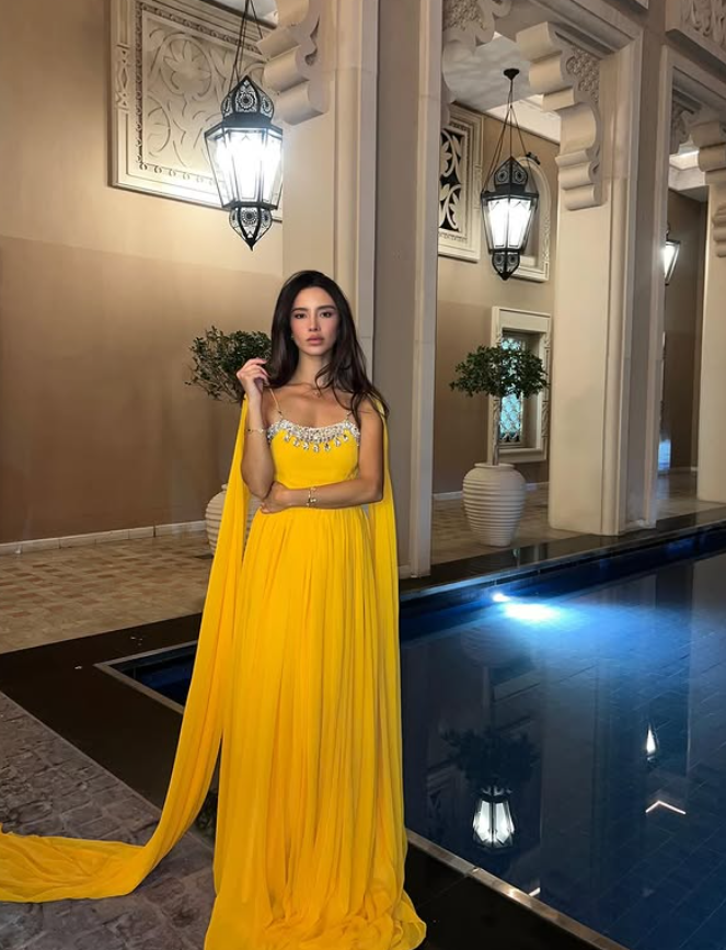 Yellow A Line Spaghetti Straps Rhinestone Chiffon Long Prom Dress Evening Dress SH4266